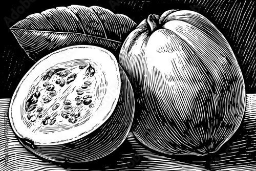 guava with flesh vector black and white isolated hand drawn sketch