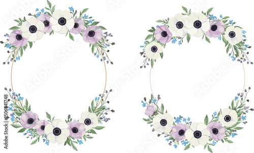 Purple anemones, white lilies, green leaves, morning glory and butterfly. Watercolor botanical bouquet suitable for greeting cards, wedding invitations, branding,