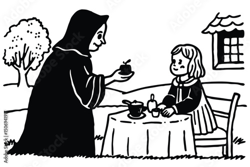 Black and white illustration of a person in a robe offering an apple to a seated girl outdoors