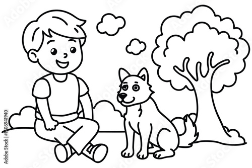 A young boy and his dog sitting together under a tree in a simple black and white illustration