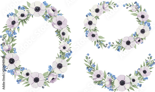 Purple anemones, white lilies, green leaves, morning glory and butterfly. Watercolor botanical bouquet suitable for greeting cards, wedding invitations, branding,