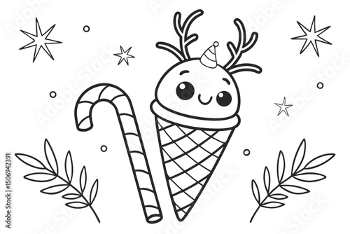 Adorable cartoon illustration of a christmas ice cream cone with reindeer antlers, a candy cane, and festive elements