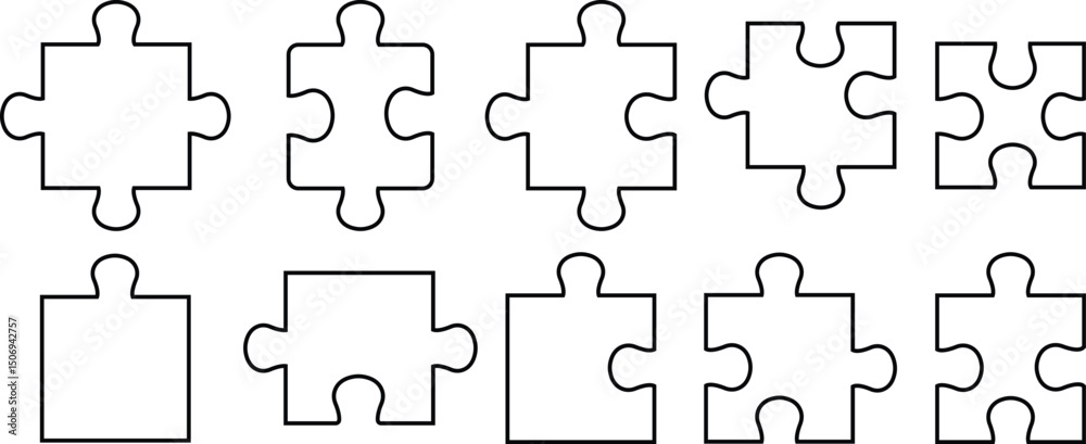 puzzle pieces icons set in different shapes. Puzzles game piece collection line style