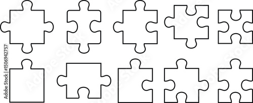 puzzle pieces icons set in different shapes. Puzzles game piece collection line style