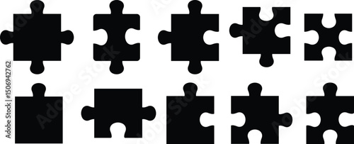 puzzle pieces icons set in different shapes. Puzzles game piece collection flat style