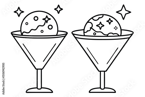 Two martini glasses featuring celestial spheres and sparkling stars illustrated in a minimalist black and white design