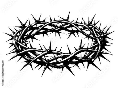 Holy crown of thorns of Jesus in crucifixion.vector silhouette black on white background.crown isometric view illustration line art.Symbols religion christianity for card thanksgiving day,decoration.