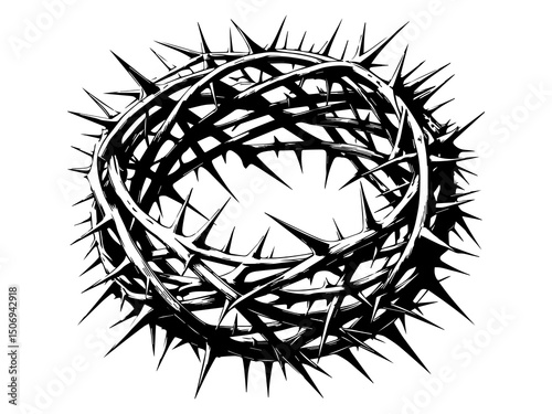 Holy crown of thorns of Jesus in crucifixion.vector silhouette black on white background.crown isometric view illustration line art.Symbols religion christianity for card thanksgiving day,decoration.