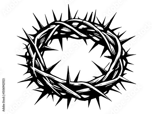 Holy crown of thorns of Jesus in crucifixion.vector silhouette black on white background.crown isometric view illustration line art.Symbols religion christianity for card thanksgiving day,decoration.