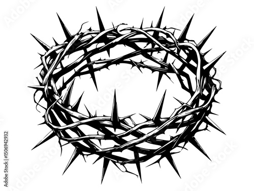 Holy crown of thorns of Jesus in crucifixion.vector silhouette black on white background.crown isometric view illustration line art.Symbols religion christianity for card thanksgiving day,decoration.