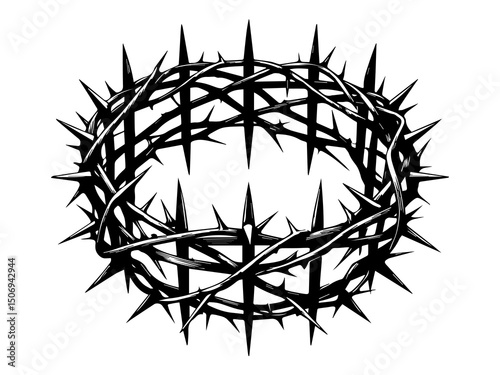 Holy crown of thorns of Jesus in crucifixion.vector silhouette black on white background.crown isometric view illustration line art.Symbols religion christianity for card thanksgiving day,decoration.