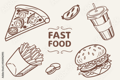 Hand-drawn illustration of assorted fast food items pizza burger fries soda and sausage with fast food text