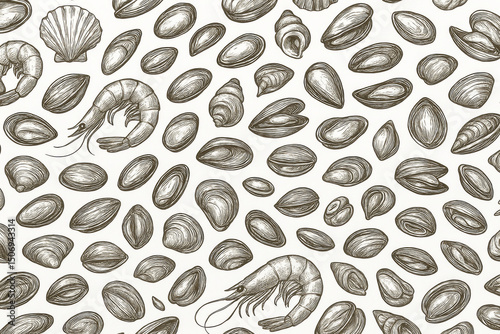 Seafood seamless pattern hand drawn shellfish mollusks mussels clams oysters scallops shrimp prawns. Vintage engraved marine delicacy culinary restaurant background