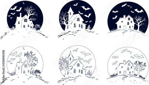 Spooky haunted houses with bats flying in the moonlight silhouettes