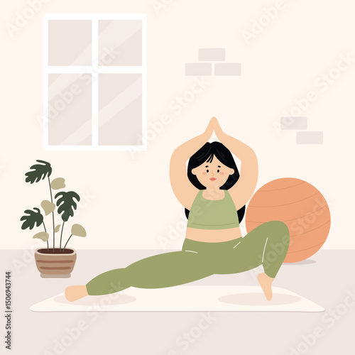 Hand drawn illustration of plus size woman doing yoga. Flat style concept of body positive girl