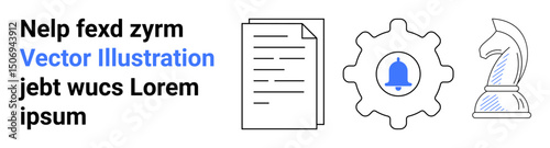 Page document, gear with bell icon, and chess knight symbolizing planning, automation, and strategic thinking. Ideal for workflow management, business planning, digital tools, notifications