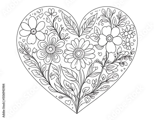Heart with Floral Designs, Cute Valentines Day-Themed Coloring Page for Kids, Simple Black Outline, White Background