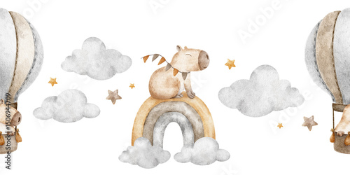 Hand drawn watercolor seamless border of capybara flying in hot air balloon, rainbow, cloud and star. Endless horizontal banner. Lane background in pastel colors for wallpaper, kids room, baby shower