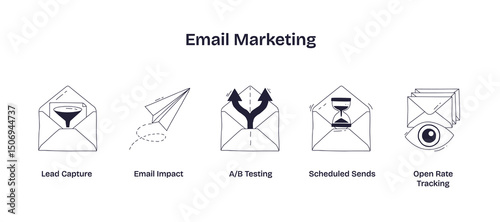 Email marketing features shown with envelopes, paper plane, and hourglass, highlighting lead capture, A-B testing, and tracking. Doodle style icons