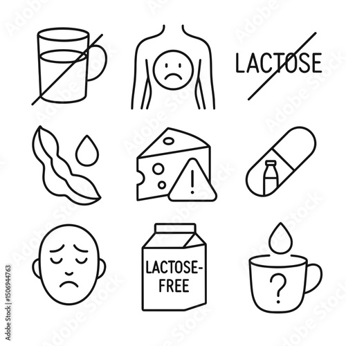 Black line vector icon set of lactose intolerance symbols  