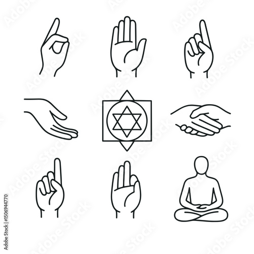 Vector icon set of various hand gestures and meditative poses, mudras  