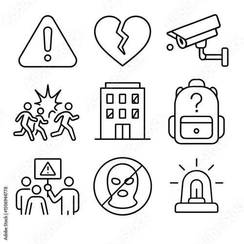 Vector icon set depicting various safety and security symbols, terrorism concept  
