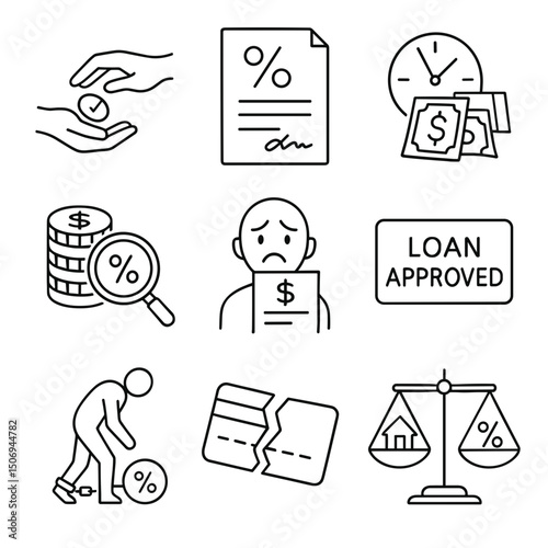 Vector icon set illustrating financial themes and loan processes  