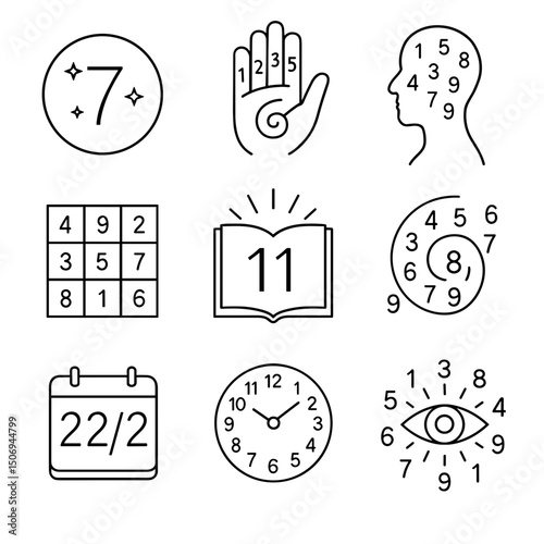 Vector icon set featuring various numerical symbols and concepts, Numerology  