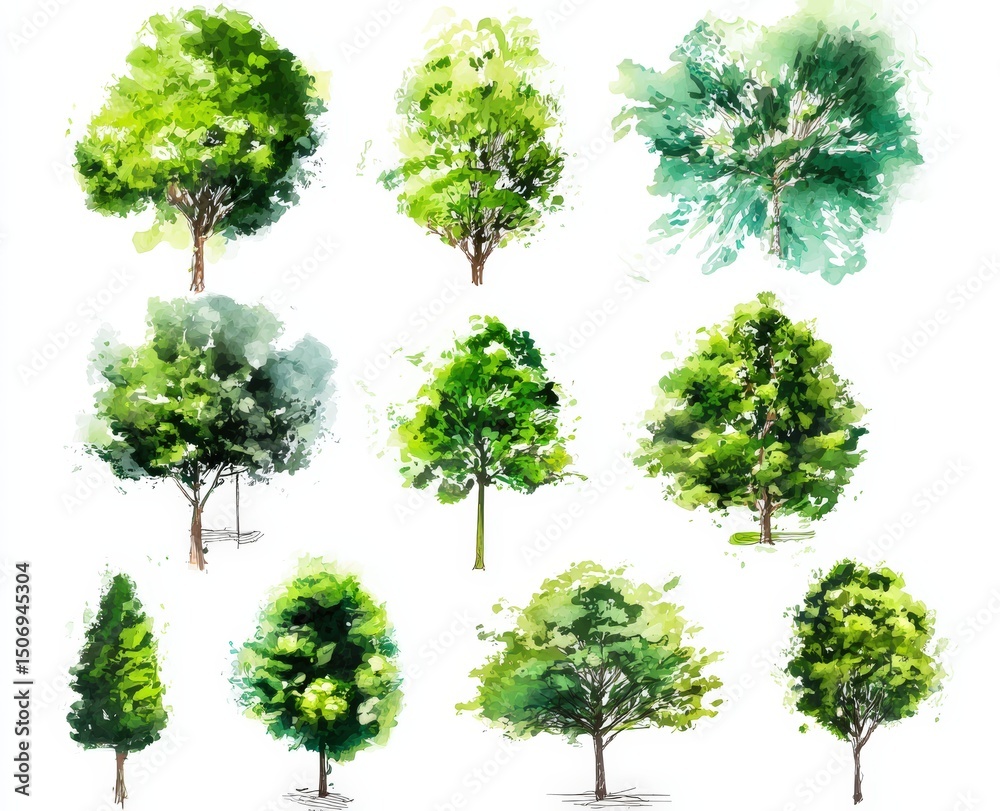 Fototapeta premium Watercolor illustrations of nine different green trees, viewed from above and the side, with varying shapes and foliage density.