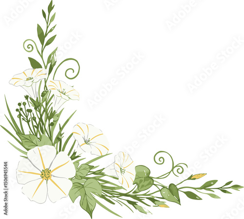 Delicate white anemones, wild morning glory, crocuses and green wild herbs. Watercolor botanical frame with flowers, suitable for wedding invitations, greeting cards, branding, 