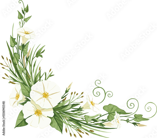 Delicate white anemones, wild morning glory, crocuses and green wild herbs. Watercolor botanical frame with flowers, suitable for wedding invitations, greeting cards, branding, 