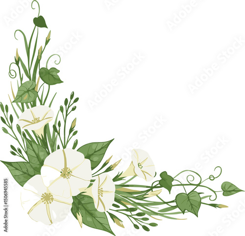 Delicate white anemones, wild morning glory, crocuses and green wild herbs. Watercolor botanical frame with flowers, suitable for wedding invitations, greeting cards, branding, 
