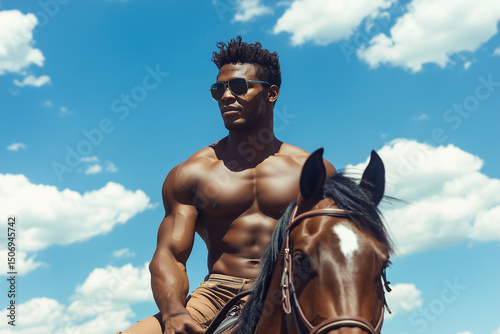 Sensual African American man riding a horse