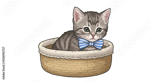 Adorable Gray Tabby Kitten in a Woven Basket Wearing a Blue Bow Tie