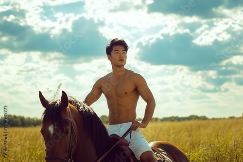 Sensual Asian man riding a horse