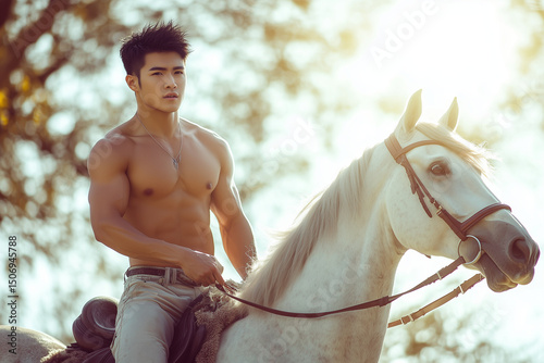 Sensual Asian man riding a horse