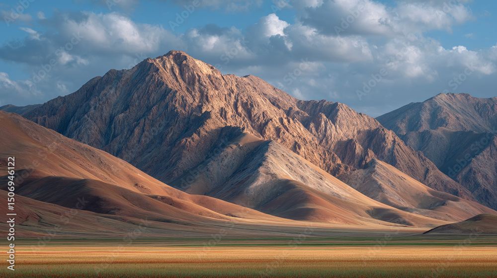 Fototapeta premium Mountain range under cloudy sky with warm evening shadows, dramatic landscape scenery in soft light for travel or nature themed background