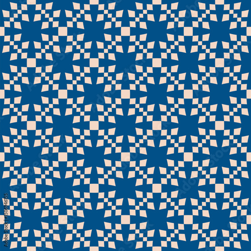 Blue and beige checkered seamless pattern. Stylish vector abstract ornament texture with grid, lattice, squares, floral silhouettes. Simple vintage background. Repeated geo design for textile, plaid