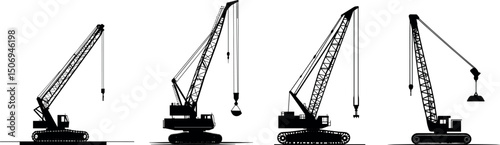 Four crawler cranes isolated on white background in silhouette style