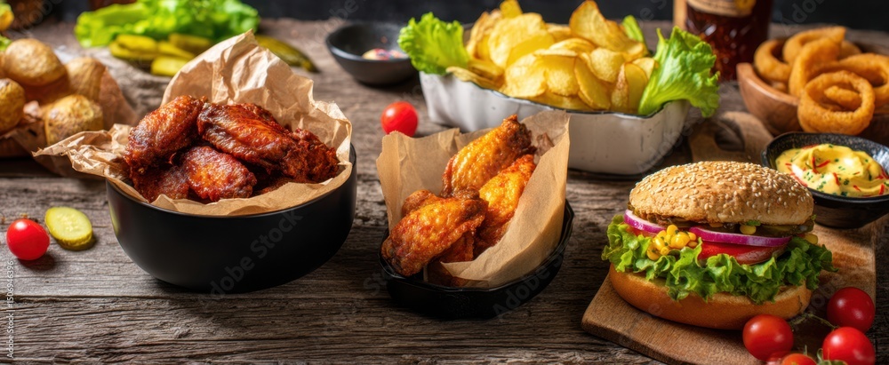 The mouthwatering spread of wings, burgers, and sides on a rustic table. The mouthwatering spread of wings, burgers, and sides on a rustic table.