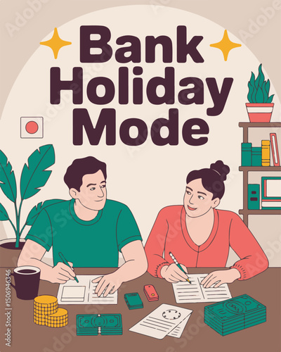 Cozy illustration of a couple in bank holiday mode at home writing and spending money enjoying their time together.