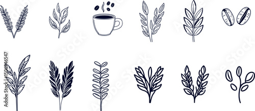 Coffee cup and plant leaves isolated on white background