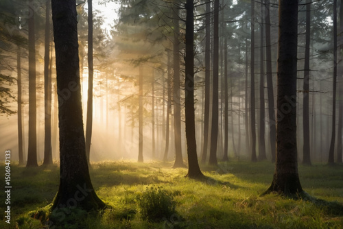 Slow mist rising from a quiet forest at sunrise, dew-covered grass, golden light streaming through trees, no humans, focus on sacredness of untouched nature, symbolic of the earth's breath 