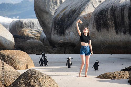 Tourist taking selfie with african penguins at Boulders Beach, Cape Town, South Africa