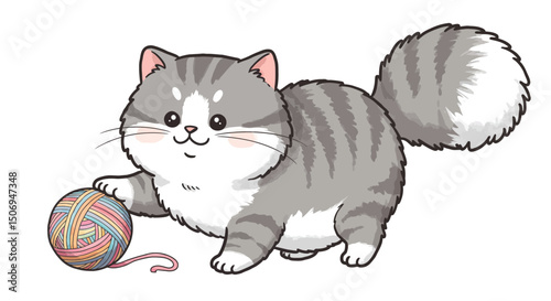 Adorable Gray Tabby Kitten Playing with Yarn Ball Cute Pet Illustration