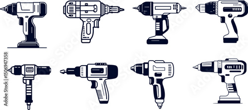 Collection of drill tools isolated on white background