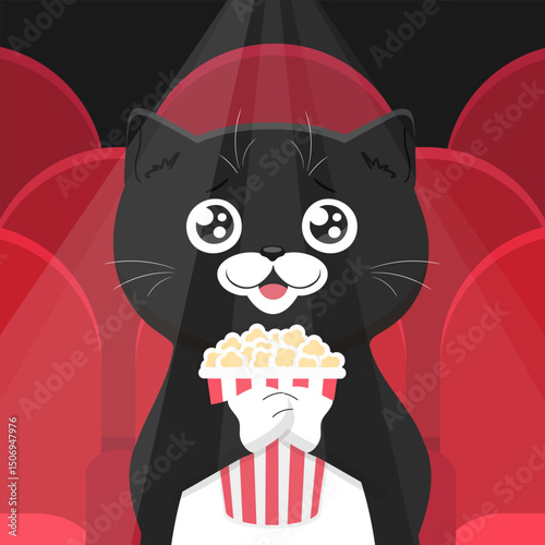 Happy black cat in movie theater holding popcorn bucket. Cute cat watching a movie in movie hall with red seats and spotlight. Vector illustration
