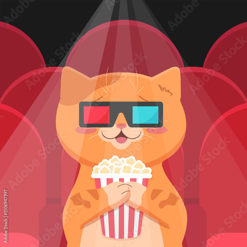 Happy ginger cat in 3d glasses in movie theater holding popcorn bucket. Cute cat watching a movie in movie hall with red seats and spotlight. Vector illustration