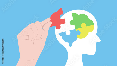 Hand placing a red puzzle piece into a white human head silhouette filled with colorful puzzle segments representing brain areas, on a blue background. Structured thinking and organized mind concept.