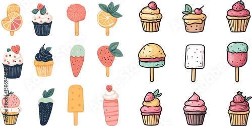 Assorted cupcakes and ice cream isolated on white background